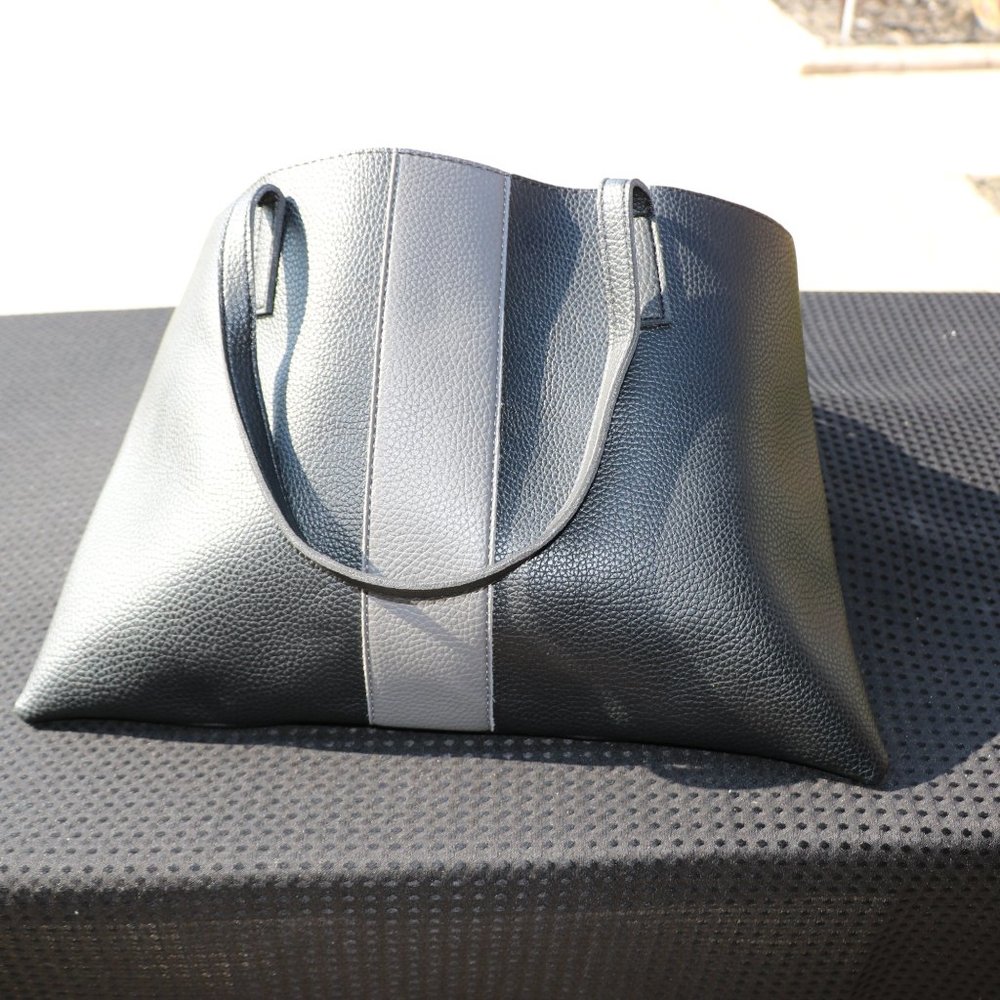 Vince Camuto Slim Vegan Leather Tote Bag Black And Gr… Gem